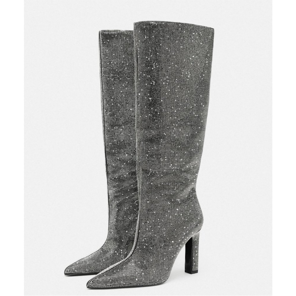 Zara crystal embellished  Silver Knee-High Boots